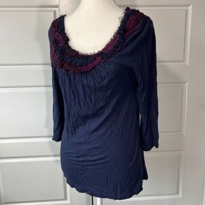 One Sept Navy Blue‎ Ruffle Neck 3/4 Sleeve Top Blouse Size M
